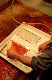 After a period of time in the hot water, the gelatin swells and the paper backing is removed.