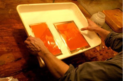 After development the plates are treated in a bath of alchohol to ensure even drying of the tissue